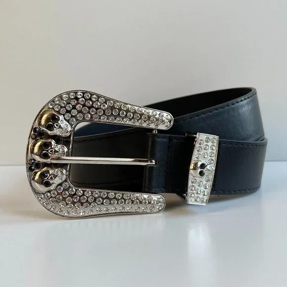 y2k 2000s chrome skull rhinestone black and silver grunge emo belt - Picture 3 of 8